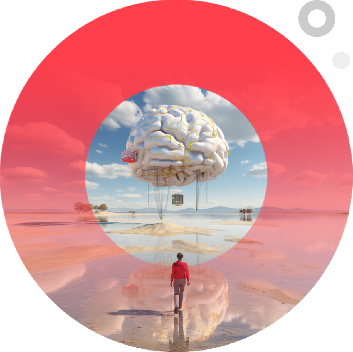 person walking toward a cloud-like brain lifting upward into the sky