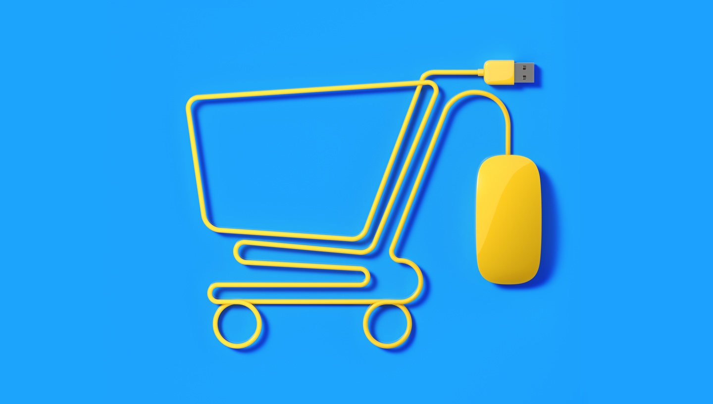 Illustration of a shopping cart with a computer mouse to underscore digital retailing