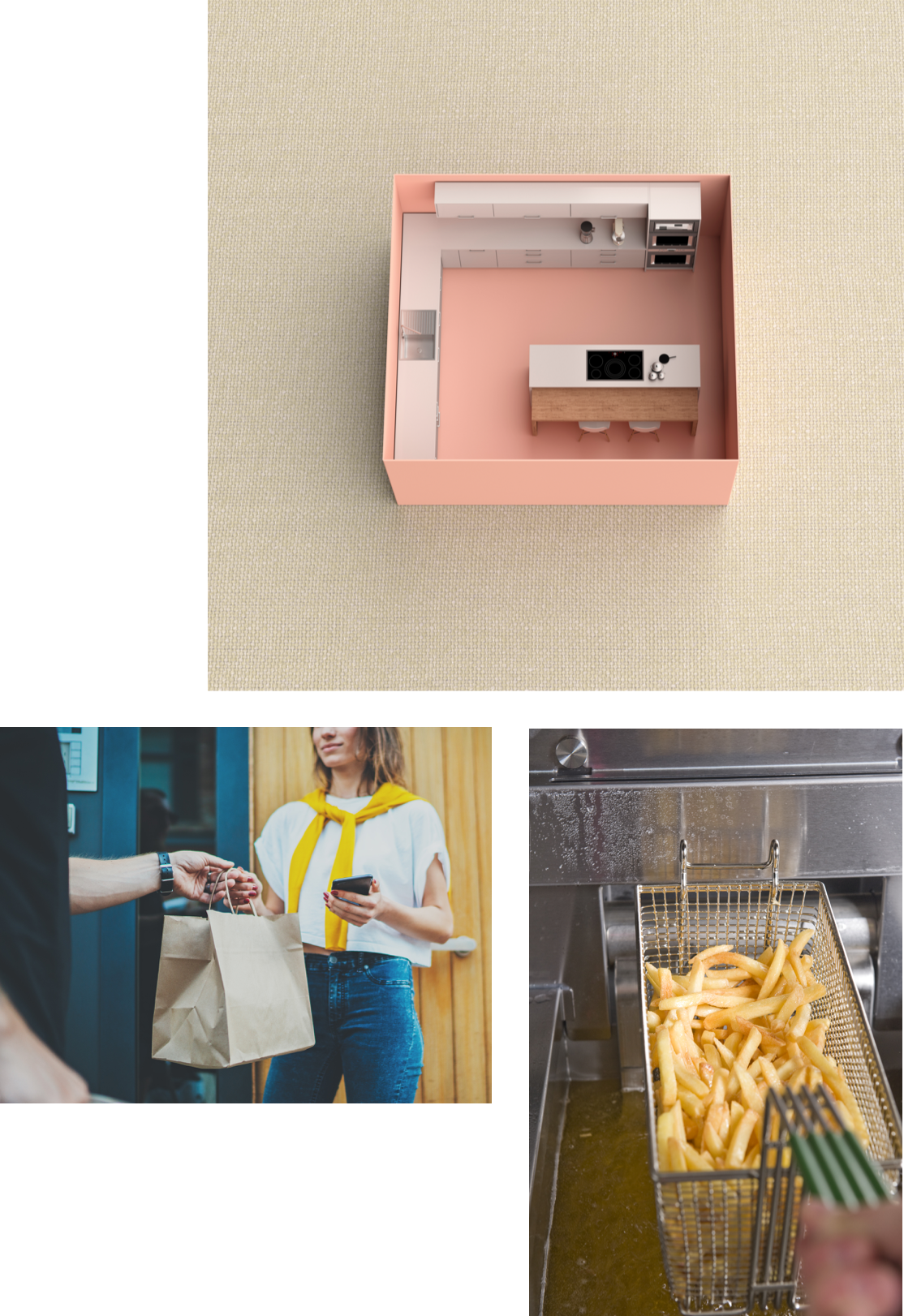 model kitchen, handing off food delivery, cooking french fries.